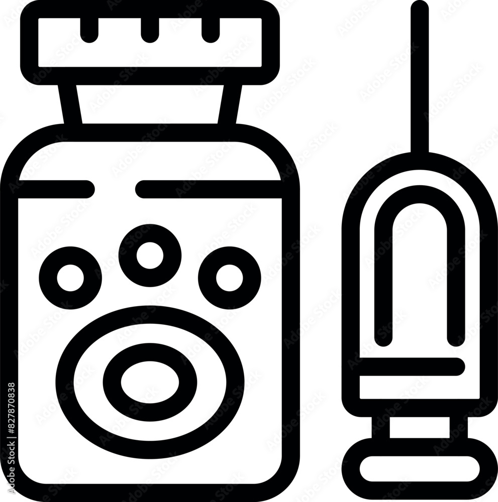 Black and white line art of a vaccine bottle and injection syringe