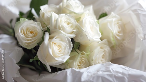 Bouquet of white roses wrapped in delicate white tissue paper  their timeless elegance captured in a minimalist composition.