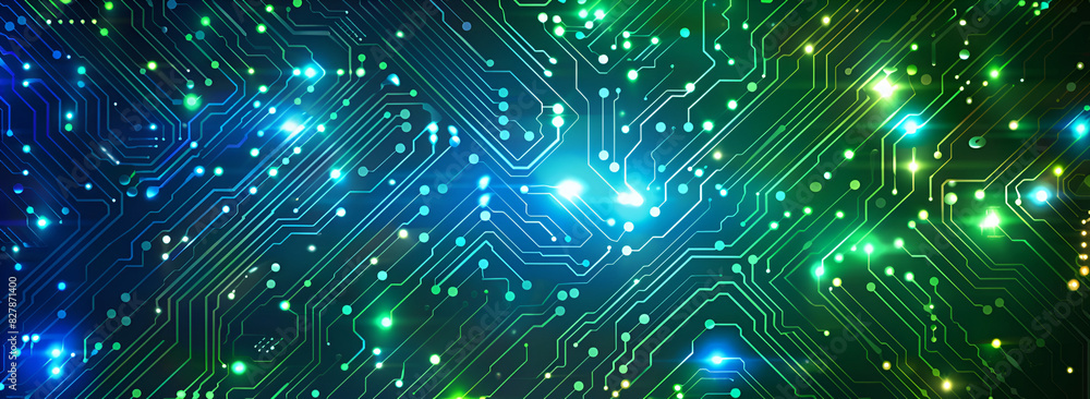 Naklejka premium Futuristic Green Neon Circuit Board Tech Background,Glowing Green Neon Circuit Board Design