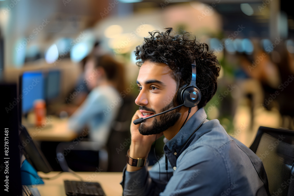 Portrait of young male customer support operator in headset working in call center. Portrait of young male customer support operator in headset working in call center.