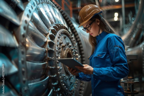 Full body photo of female Caucasian engineer inspecting turbines using tablet at power plant