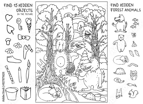 Find and color hidden objects and all forest animals. Puzzle game for kids. Landscape. Coloring page. Sketch vector illustration