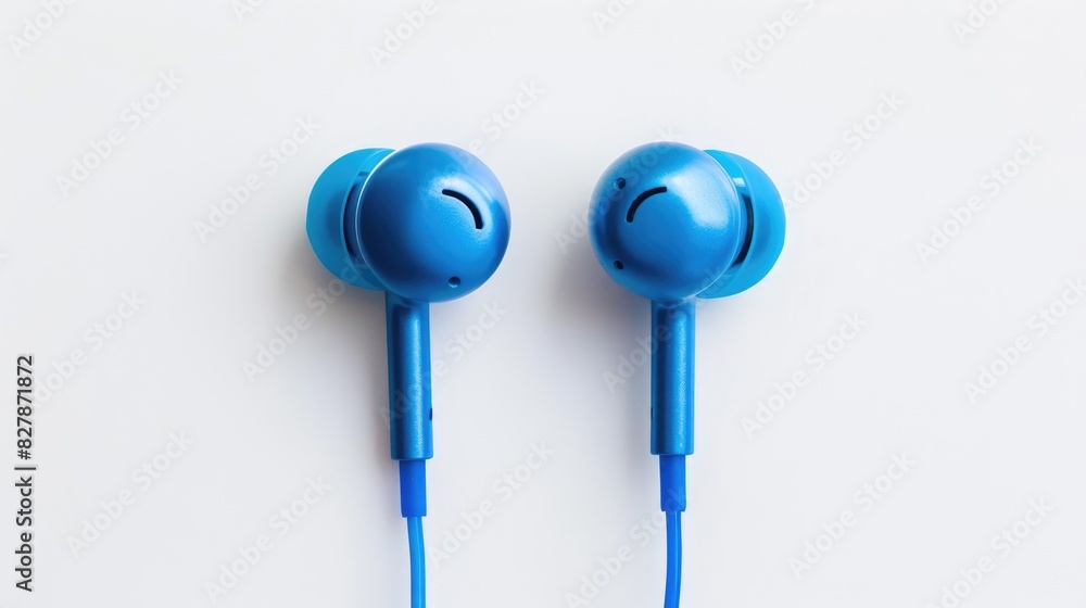 Blue earphones in a close up on a white background Blue earphones in a close up on a white background