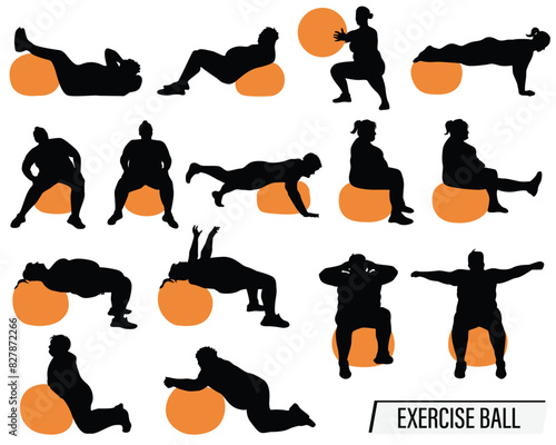 Set of 15 plus size silhouettes cutout vector icon sets doing various core exercises on stability ball isolated on white background. Fitness exercises on balance balls for weight loss and well-being. 