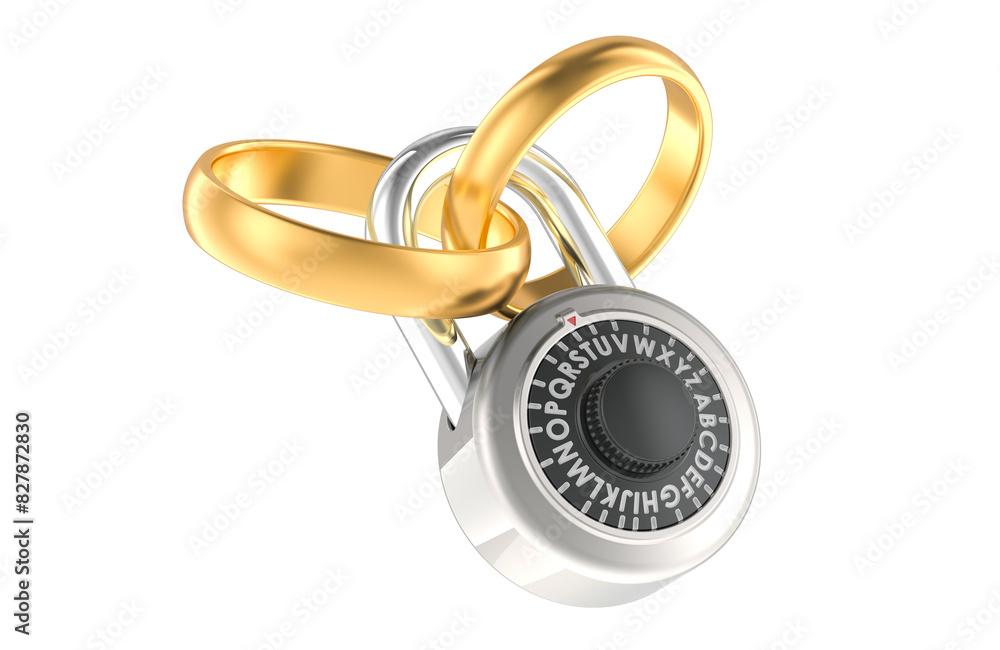 Golden wedding rings with combination padlock. 3D rendering isolated on transparent background Golden wedding rings with combination padlock. 3D rendering isolated on transparent background