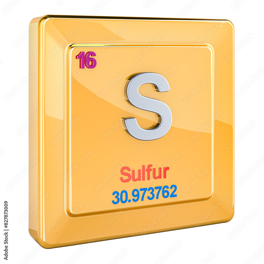 Sulfur S, chemical element sign with number 16 in periodic table. 3D rendering isolated on transparent background Sulfur S, chemical element sign with number 16 in periodic table. 3D rendering isolated on transparent background