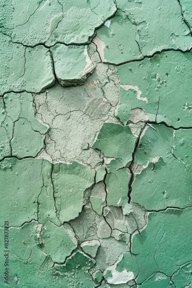 Obraz premium Photo from above of a solid color ground with a pronounced impact-induced collapse and extensive cracking, isolated on a solid green background.