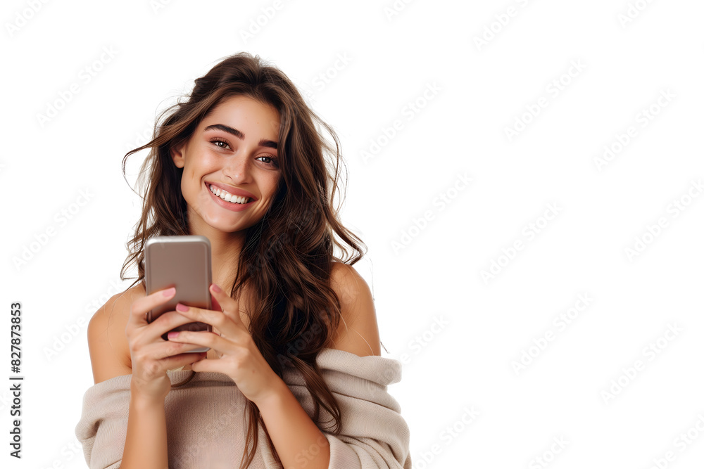 Cheerful young woman using mobile phone while standing against white background Cheerful young woman using mobile phone while standing against white background