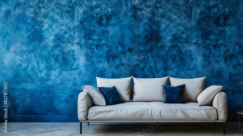 Elegant minimalism defined by clean lines and gentle curves against a rich, velvety blue wall. photo