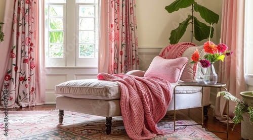 Cozy living room with a pink chaise lounge, pink floral curtains, and a soft pink area rug, creating a relaxing atmosphere