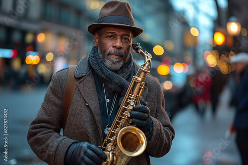 A man in a fedora hat, playing the saxophone on a busy street corner, with the city nightlife in full swing.