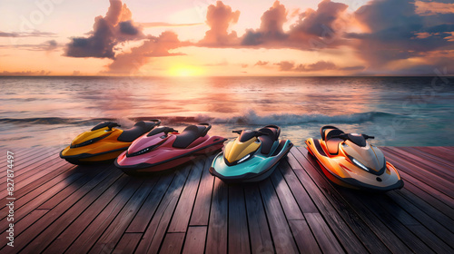 Four jet ski boats on wooden deck in front of sea or ocean water waves at the sunset. Extreme summer sport power action, fast racing, holiday vacation leisure photo