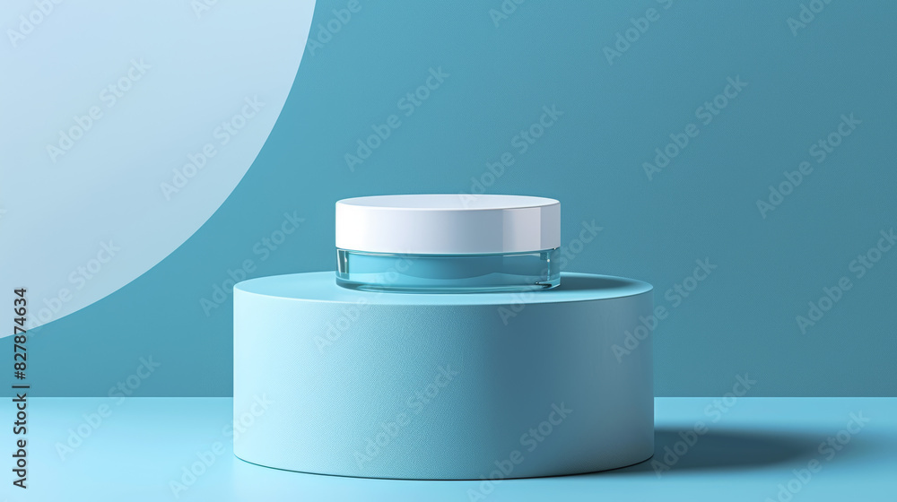 A blue and white container is on a blue pedestal A blue and white container is on a blue pedestal