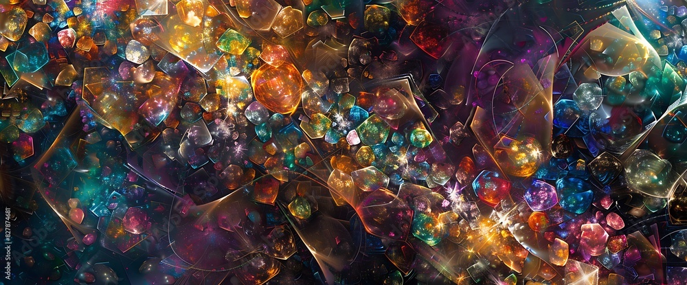 Crystalline structures emerge from a sea of darkness, their facets catching the light in a dazzling display of color and reflection. Crystalline structures emerge from a sea of darkness, their facets catching the light in a dazzling display of color and reflection.