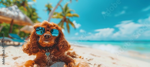 A dog wearing sunglasses is lounging by the sea on a summer day. The relaxed vibe and the beach setting are prominent, making it a perfect image for summer themes and pet-related content.