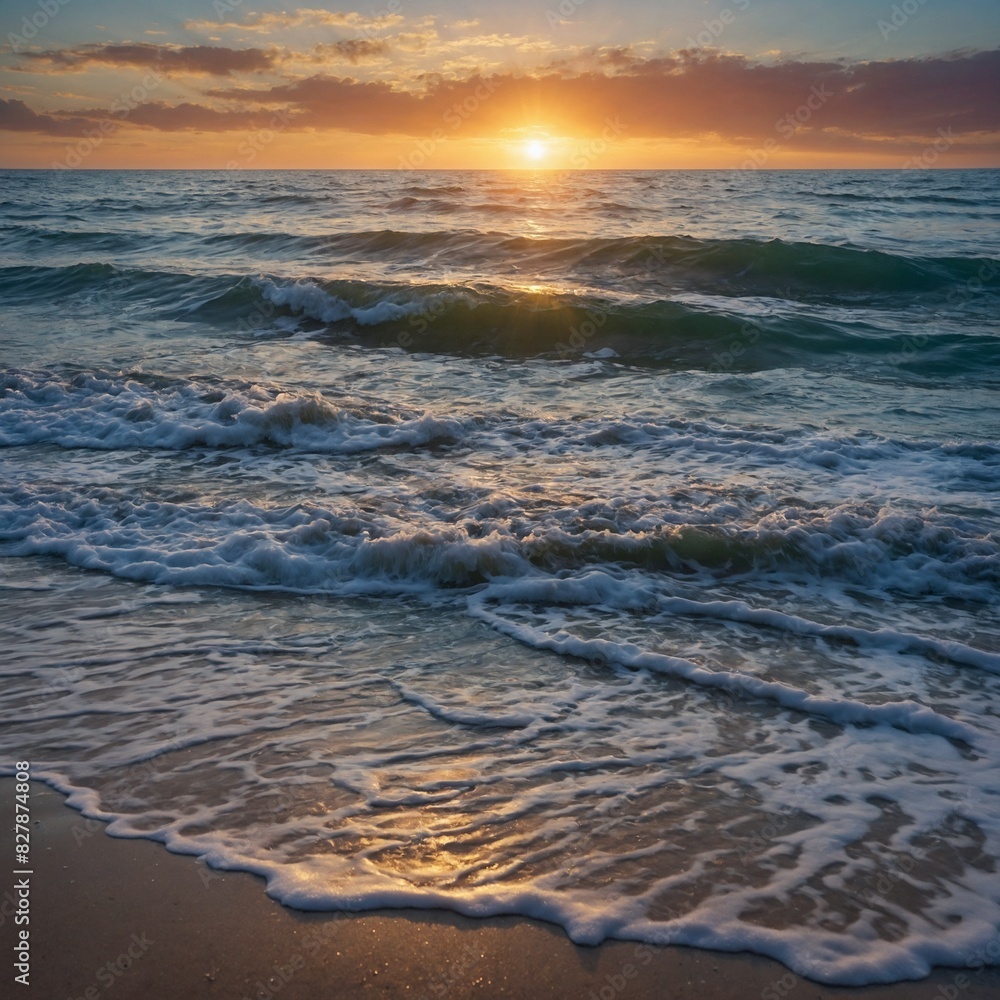 Serene sunset captured over vast ocean, with sun hovering just above horizon. This casts warm glow across sky, reflects on waters surface. Gentle waves approach shore. Serene sunset captured over vast ocean, with sun hovering just above horizon. This casts warm glow across sky, reflects on waters surface. Gentle waves approach shore.