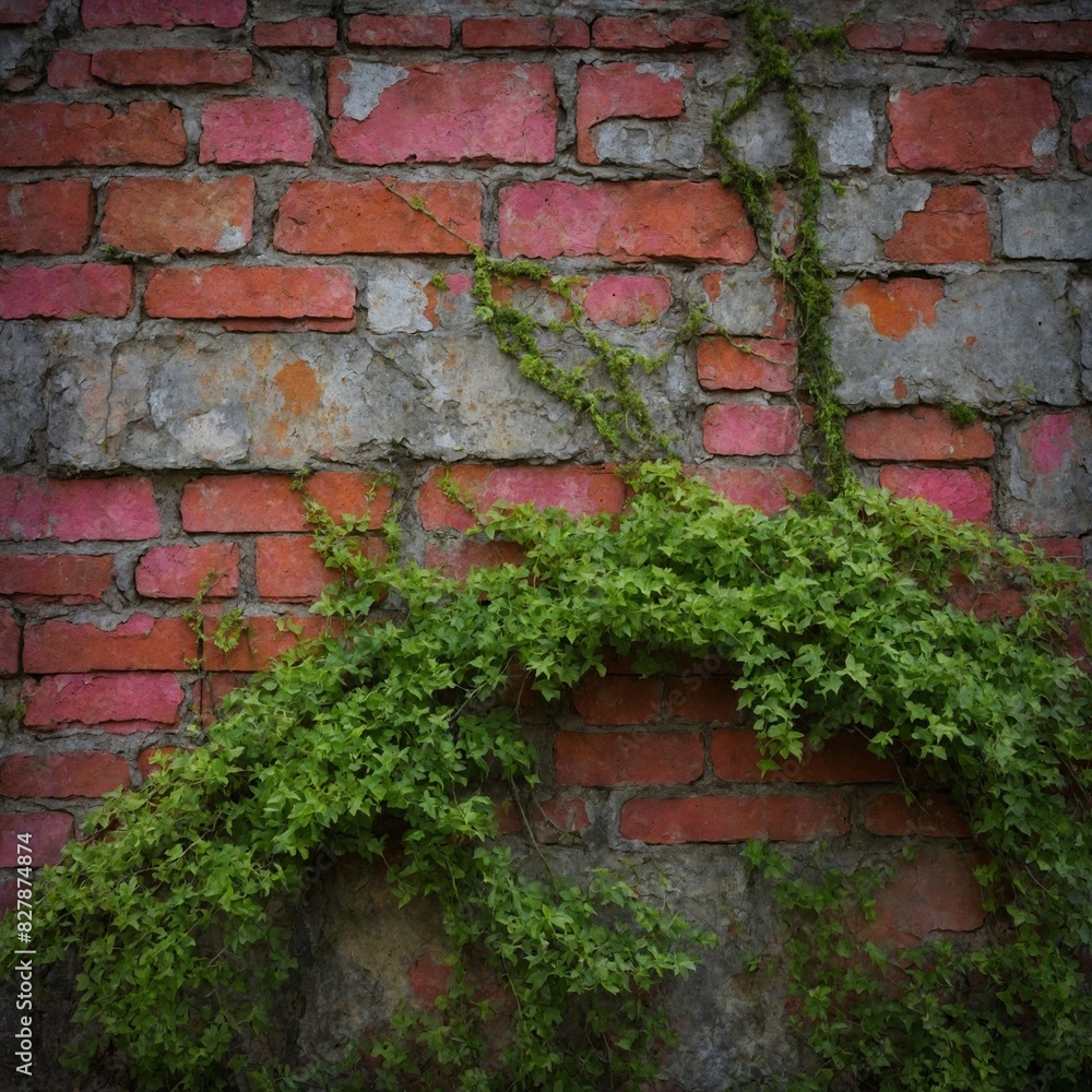 Weathered brick wall stands tall, partially concealed by relentless growth of green, leafy vines. Bricks, worn, weathered, display spectrum of red, orange, grey hues. Signs of deterioration evident. Weathered brick wall stands tall, partially concealed by relentless growth of green, leafy vines. Bricks, worn, weathered, display spectrum of red, orange, grey hues. Signs of deterioration evident.