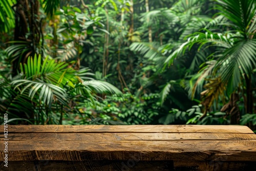 The empty rustic wooden plank table top with blur background of jungle. Exuberant image. generative ai