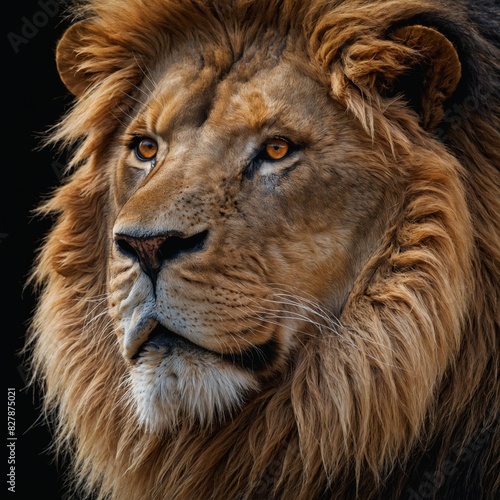 Majestic lion with full mane captured in close-up against black background  exuding sense of power  wild beauty. Focus on lions face highlights intricate details of its fur  whiskers  visible eye.