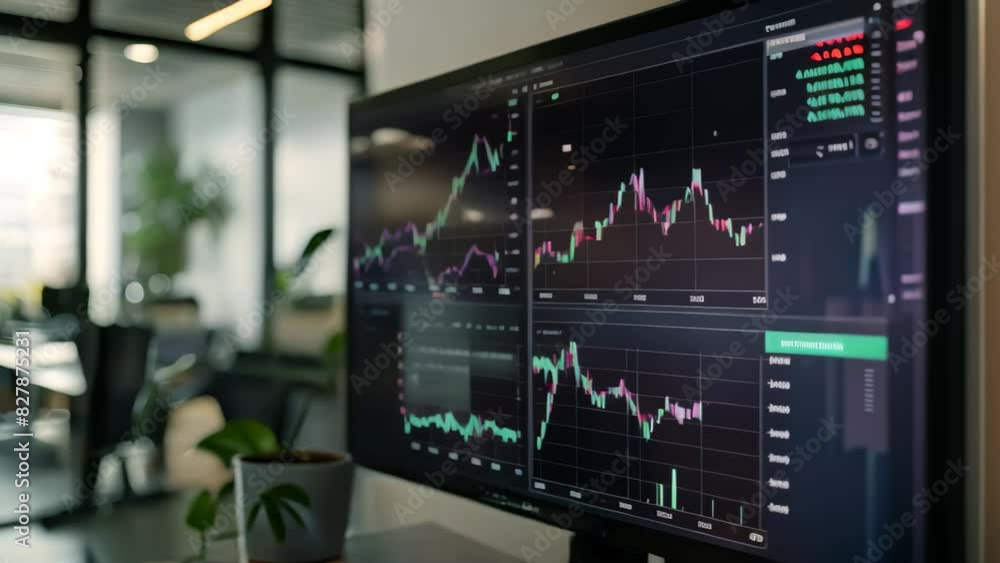 A computer monitor displaying a detailed stock chart graph with various data points and trends, A digital screen displaying graphs and charts of data trends in an office setting A computer monitor displaying a detailed stock chart graph with various data points and trends, A digital screen displaying graphs and charts of data trends in an office setting
