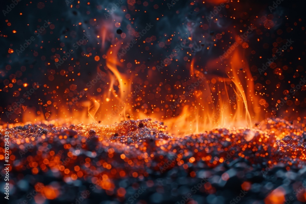 Fire embers particles over black background. Fire sparks background. Abstract dark glitter fire particles lights from above and below, as a frame. Fire embers particles over black background. Fire sparks background. Abstract dark glitter fire particles lights from above and below, as a frame.