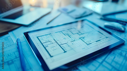 Architectural blueprint plan drawing draft sketch on a tablet device screen on office table. Engineer construction project design, business workplace technology, industrial document