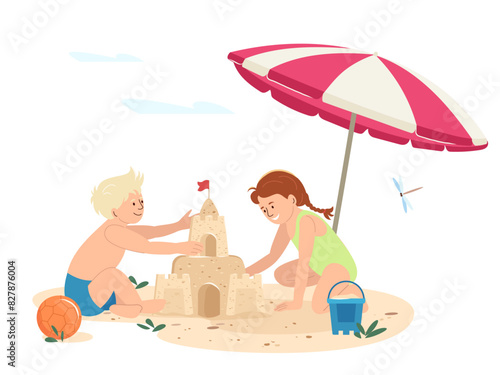 Happy children playing on seashore sand beach under an umbrella vector illustration Cartoon kids building sand castle together. Summer activity and childhood concept Boy and girl enjoying seaside rest