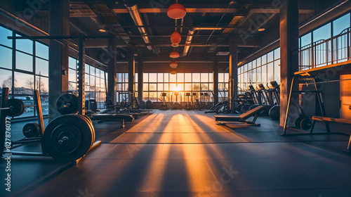 Gym interior with treadmill machines at the sunset. Fitness gymnasium exercise recreation workout club center room indoor