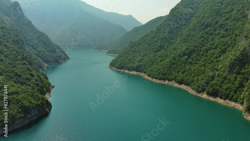 Aerial view of Beautiful Piva river canyon with reservoir Piva Lake (Pivsko Jezero) summer view in Montenegro. Nature travel background, 4k  photo