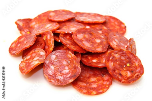 Heap of slices of pepperoni sausage isolated on white background