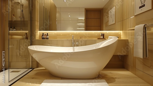 Modern bathroom with a freestanding bathtub and sleek fixtures  realistic interior design