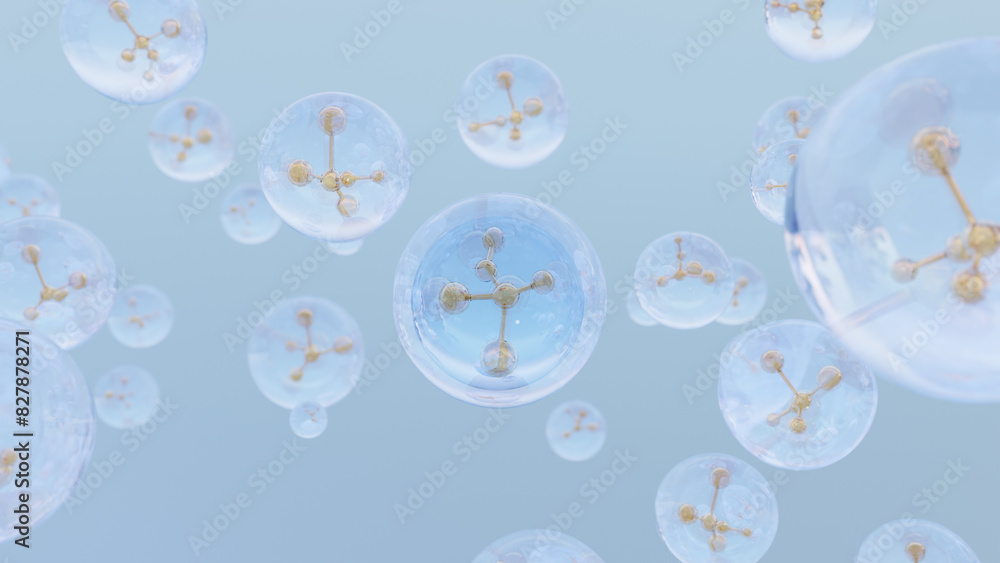 Molecule inside a liquid bubble. Essence Ball Molecules. Liquid bubbles with particles, cosmetic essence, and water background. Molecule inside a liquid bubble. Essence Ball Molecules. Liquid bubbles with particles, cosmetic essence, and water background.