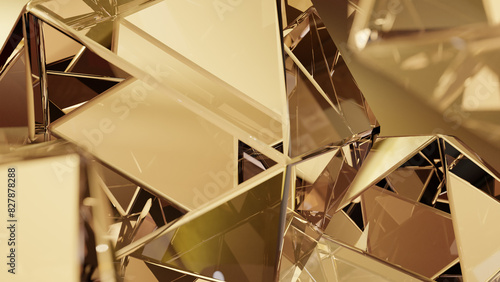 Modern background with a polygonal crystal form. A 3D abstraction of the geometric jewelry surface. Background scenes with gold reflection crystals.