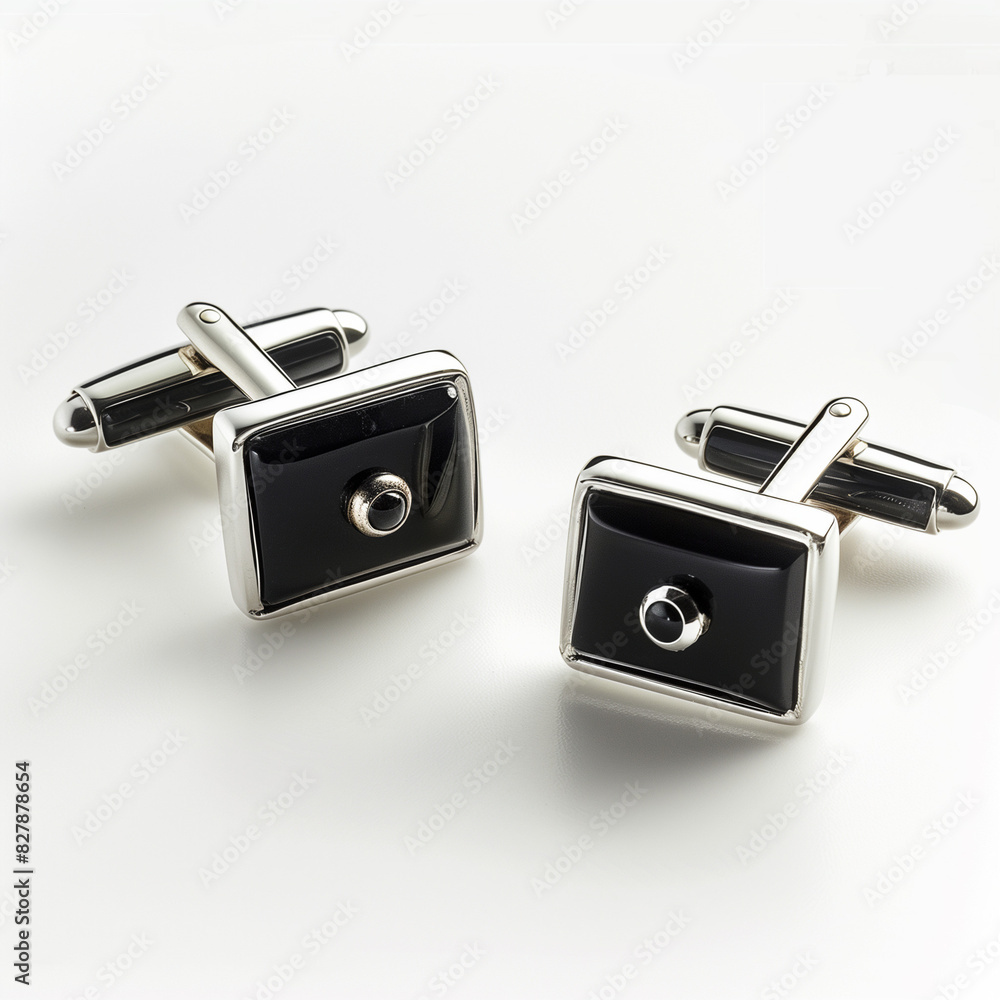Stylish Silver and Black Cufflinks on White Background, Men's Accessories Stylish Silver and Black Cufflinks on White Background, Men's Accessories