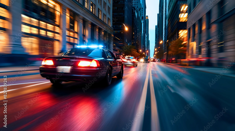 Police car chase criminal on the city street road, vehicle blurred in motion. Highway traffic patrol emergency, arrest for speeding, in pursuit, siren and red blue lights on