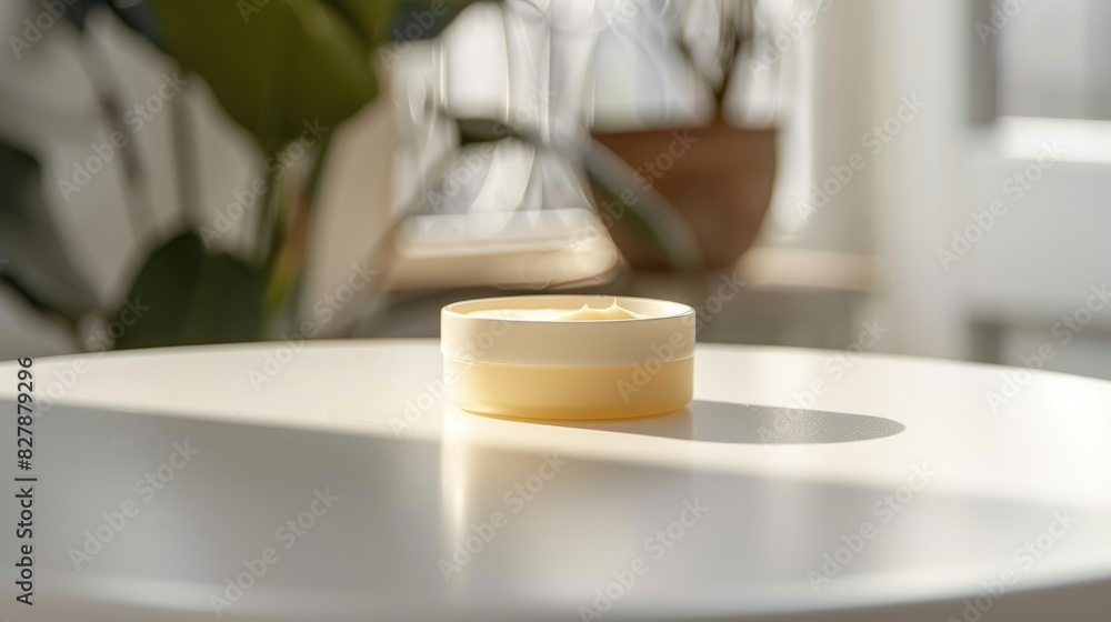 Solid fragrance in a container placed on a white tabletop Solid fragrance in a container placed on a white tabletop