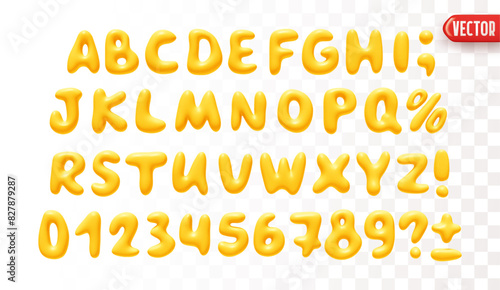 Plastic 3d realistic font liquid shapes yellow colors. A set of letters and numbers isolated on a white background with a transparency effect. vector illustration
