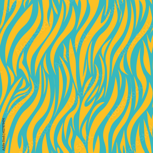 A zebra print with yellow and blue stripes