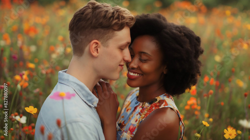 Diverse happy smiling young couple in love, white Caucasian man and black African American woman together outdoors in nature field. Multiracial husband wife marriage relationship, family bonding
