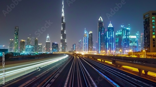 Dubai skyline and downtown with light rail and city lights.