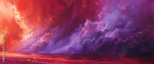 A surreal scene of billowing purple fog rolling over a backdrop of vivid red, evoking a sense of eerie beauty. photo