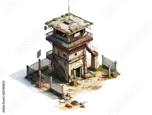 Digital Vector of a dilapidated guard tower with an overgrown roof surrounded by a broken fence and scattered debris under daylight, Game Asset