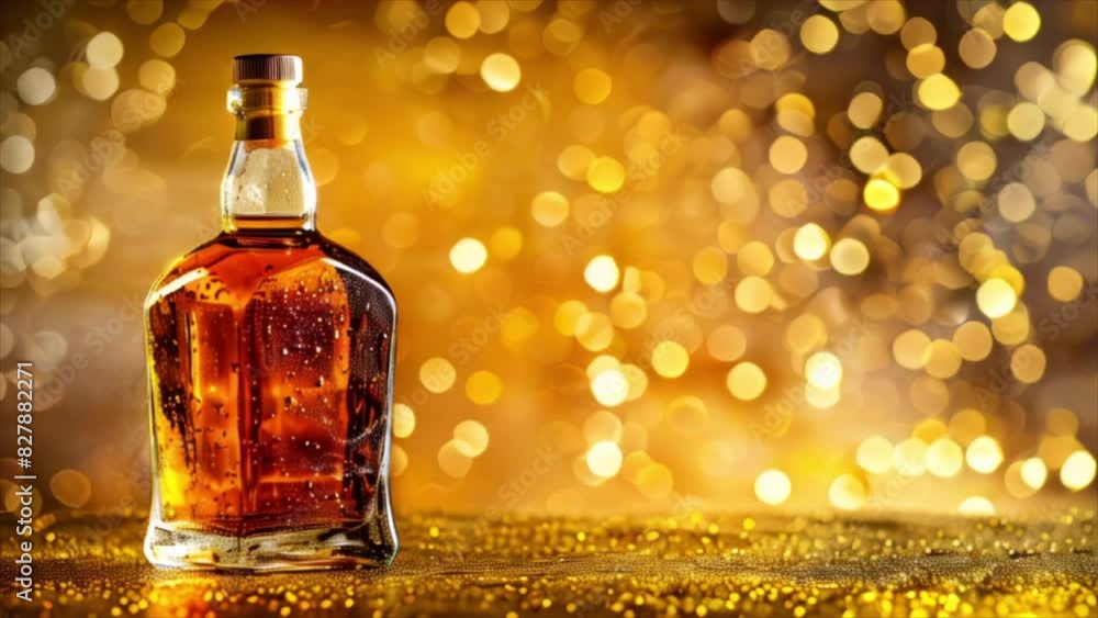 Scotch whiskey or brandy bottle, alcohol drink isolated on the table with luxury golden background and copy space Scotch whiskey or brandy bottle, alcohol drink isolated on the table with luxury golden background and copy space