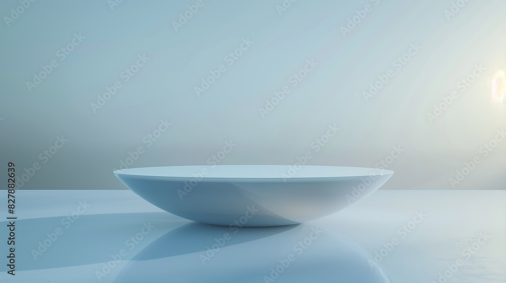 A sleek, empty white bowl on a reflective surface with a soft gradient blue background