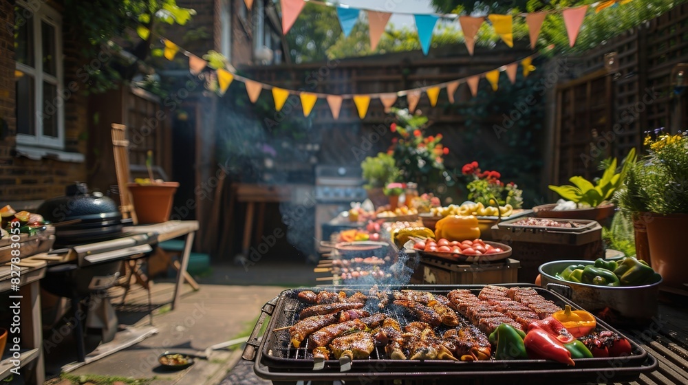 Sunny day celebration with barbecue and colorful flags in the beautiful outdoor setting
