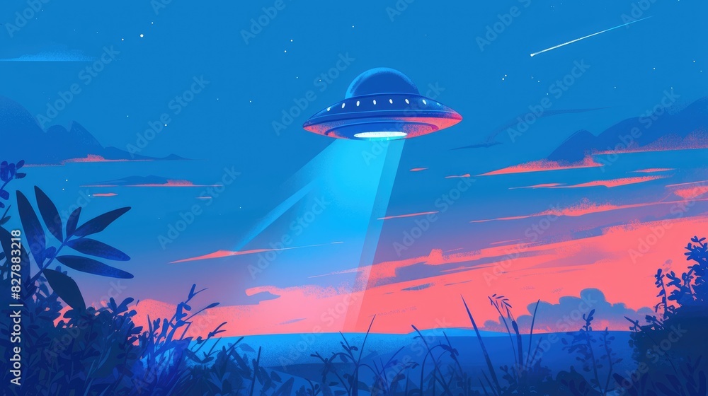 A vibrant 2d illustration depicting a UFO and a whimsical cartoon representation of a UFO A vibrant 2d illustration depicting a UFO and a whimsical cartoon representation of a UFO