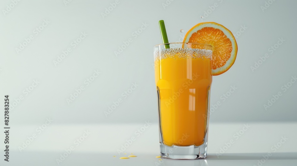 Freshly squeezed orange juice without added sugar served in a glass with a green straw on a white background Freshly squeezed orange juice without added sugar served in a glass with a green straw on a white background