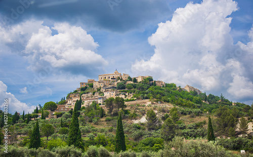 A view of a medieval place in France. There is Gordes city, travels in Provence.