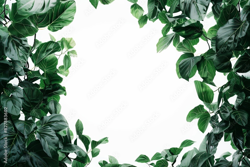 Lush green leaves forming a natural frame on a white background beautifully arranged Lush green leaves forming a natural frame on a white background beautifully arranged
