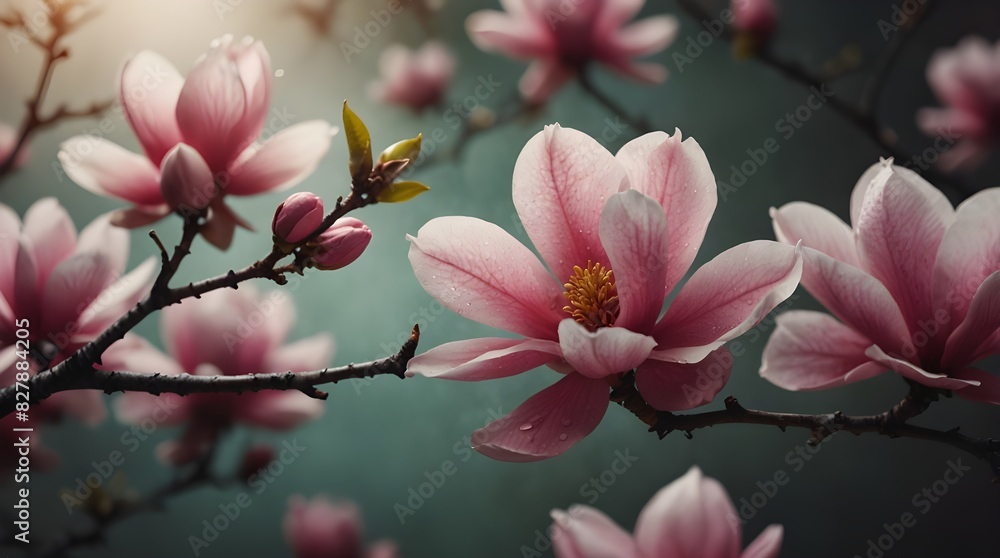 Obraz premium Pink spring magnolia flowers branch., Gorgeous cerise pink flowers, resembling pink spring magnolias, set in a beautiful soft background.